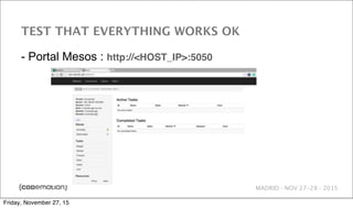 MADRID · NOV 27-28 · 2015
TEST THAT EVERYTHING WORKS OK
- Portal Mesos : http://<HOST_IP>:5050
Friday, November 27, 15
 