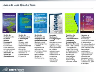 Livros de José Cláudio Terra




Gestão do          Gestão do            Gestão do             Inovação:            Realizing the         Winning at
Conhecimento -     Conhecimento e       Conhecimento          Quebrando            Promise of            Colaboration
O Grande           E-learning na        em pequenas e         Paradigmas para      Corporate Portals:    Commerce
Desafio            Prática              médias empresas       Vencer               Leveraging            (com Cindy Gordon
Empresarial        39 casos reais,      Quatorze casos        Reúne artigos que    Knowledge for         e Heidi Collins)
Conceitos          contando com         reais de pequenas     mostram como         Business Success      Os autores discutem
fundamentais       depoimentos de 65    e médias              aplicar a inovação   (com Cindy Gordon)    como implementar
sobre gestão do    co-autores,          empresas que          como ferramenta      Comprehensive         com êxito soluções
conhecimento e o   abordando            aplicaram os          de trabalho.         view of the market    de comércio
modelo das 7       experiências reais   conceitos, práticas   Autores incluem      landscape, powerful   colaborativo,
Dimensões da       de Gestão do         e tecnologias         especialistas        and detailed case     registrando lições
Gestão do          Conhecimento e       relacionadas à        internacionais e     studies, and          aprendidas com
Conhecimento.      E-Learning.          Gestão do             consultores          collected best        organizações
                                        Conhecimento.         nacionais            practices for         líderes tais como
                                                              associados a         implementing          Procter & Gambler,
                                                              TerraForum           corporate portals.    Astra Zeneca, SAP
                                                                                                         e Microsoft.
 