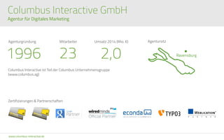 www.columbus-interactive.de
Columbus Interactive GmbH
Agentur für Digitales Marketing
Columbus Interactive ist Teil der Columbus Unternehmensgruppe
(www.columbus.ag)
Agentursitz
23
Mitarbeiter
2,0
Umsatz 2014 (Mio. €)
1996
Agenturgründung
Zertifizierungen & Partnerschaften
 