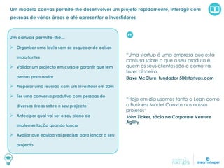 Um modelo canvas permite-lhe desenvolver um projeto rapidamente, interagir com
pessoas de várias áreas e até apresentar a investidores
“Uma startup é uma empresa que está
confusa sobre o que o seu produto é,
quem os seus clientes são e como vai
fazer dinheiro.
Dave McClure, fundador 500startups.com
“Hoje em dia usamos tanto o Lean como
o Business Model Canvas nos nossos
projetos”
John Zicker, sócio na Corporate Venture
Agility
Um canvas permite-lhe...
 Organizar uma ideia sem se esquecer de coisas
importantes
 Validar um projecto em curso e garantir que tem
pernas para andar
 Preparar uma reunião com um investidor em 20m
 Ter uma conversa produtiva com pessoas de
diversas áreas sobre o seu projecto
 Antecipar qual vai ser o seu plano de
implementação quando lançar
 Avaliar que equipa vai precisar para lançar o seu
projecto
 