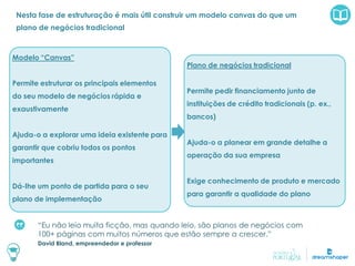Nesta fase de estruturação é mais útil construir um modelo canvas do que um
plano de negócios tradicional
“Eu não leio muita ficção, mas quando leio, são planos de negócios com
100+ páginas com muitos números que estão sempre a crescer.”
David Bland, empreendedor e professor
Modelo “Canvas”
Permite estruturar os principais elementos
do seu modelo de negócios rápida e
exaustivamente
Ajuda-o a explorar uma ideia existente para
garantir que cobriu todos os pontos
importantes
Dá-lhe um ponto de partida para o seu
plano de implementação
Plano de negócios tradicional
Permite pedir financiamento junto de
instituições de crédito tradicionais (p. ex.,
bancos)
Ajuda-o a planear em grande detalhe a
operação da sua empresa
Exige conhecimento de produto e mercado
para garantir a qualidade do plano
 