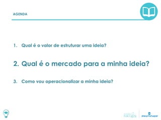 AGENDA
1. Qual é o valor de estruturar uma ideia?
2. Qual é o mercado para a minha ideia?
3. Como vou operacionalizar a minha ideia?
 