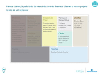Vamos começar pelo lado do mercado: se não tivermos clientes o nosso projeto
nunca se vai sustentar
 