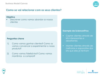Como se vai relacionar com os seus clientes?
Business Model Canvas
Exemplo da Science4You
 Captar clientes através de
kits interessantes e
desafiantes
 Manter clientes através de
melhorias e expansões dos
kits que eles já tenham
Objetivo
 Descrever como vamos abordar os nossos
clientes
Perguntas chave
1) Como vamos ganhar clientes? Como os
vamos convencer a experimentar o nosso
produto?
2) Como vamos fidelizá-los? Como vamos
mantê-los a comprar?
 