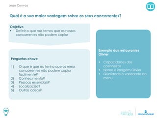Qual é a sua maior vantagem sobre os seus concorrentes?
Lean Canvas
Exemplo dos restaurantes
Olivier
 Capacidades dos
cozinheiros
 Nome e imagem Olivier
 Qualidade e variedade do
menu
Objetivo
 Definir o que nós temos que os nossos
concorrentes não podem copiar
Perguntas chave
1) O que é que eu tenho que os meus
concorrentes não podem copiar
facilmente?
2) Conhecimento?
3) Pessoas essenciais?
4) Localização?
5) Outras coisas?
 