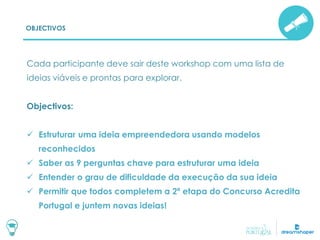 OBJECTIVOS
Cada participante deve sair deste workshop com uma lista de
ideias viáveis e prontas para explorar.
Objectivos:
 Estruturar uma ideia empreendedora usando modelos
reconhecidos
 Saber as 9 perguntas chave para estruturar uma ideia
 Entender o grau de dificuldade da execução da sua ideia
 Permitir que todos completem a 2ª etapa do Concurso Acredita
Portugal e juntem novas ideias!
 