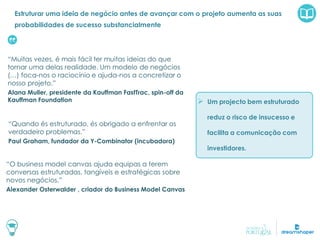 Estruturar uma ideia de negócio antes de avançar com o projeto aumenta as suas
probabilidades de sucesso substancialmente
“Muitas vezes, é mais fácil ter muitas ideias do que
tornar uma delas realidade. Um modelo de negócios
(…) foca-nos o raciocínio e ajuda-nos a concretizar o
nosso projeto.”
Alana Muller, presidente da Kauffman FastTrac, spin-off da
Kauffman Foundation
“Quando és estruturado, és obrigado a enfrentar os
verdadeiro problemas.”
Paul Graham, fundador da Y-Combinator (incubadora)
“O business model canvas ajuda equipas a terem
conversas estruturadas, tangíveis e estratégicas sobre
novos negócios.”
Alexander Osterwalder , criador do Business Model Canvas
 Um projecto bem estruturado
reduz o risco de insucesso e
facilita a comunicação com
investidores.
 