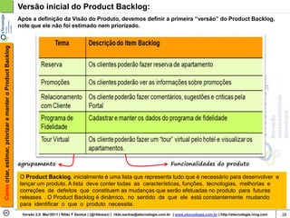 Versão inicial do Product Backlog:
                                                            Após a definição da Visão do Produto, devemos definir a primeira “versão” do Product Backlog,
                                                            note que ele não foi estimado nem priorizado.
Como criar, estimar, priorizar e manter o Product Backlog




                                                            agrupamento                                                                          Funcionalidades do produto

                                                            O Product Backlog, inicialmente é uma lista que representa tudo que é necessário para desenvolver e
                                                            lançar um produto. A lista deve conter todas as características, funções, tecnologias, melhorias e
                                                            correções de defeitos que constituem as mudanças que serão efetuadas no produto para futuras
                                                            releases . O Product Backlog é dinâmico, no sentido de que ele está constantemente mudando
                                                            para identificar o que o produto necessita.
                                                             Versão 2.0 Mar/2011 | Rildo F Santos | (@rildosan) | rildo.santos@etecnologia.com.br | www.etecnologia.com.br | http://etecnologia.ning.com   28
 