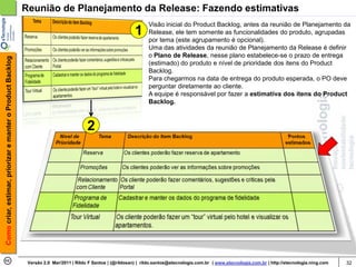 Reunião de Planejamento da Release: Fazendo estimativas
                                                                                                                    Visão inicial do Product Backlog, antes da reunião de Planejamento da
                                                                                                              1     Release, ele tem somente as funcionalidades do produto, agrupadas
                                                                                                                    por tema (este agrupamento é opcional).
                                                                                                                    Uma das atividades da reunião de Planejamento da Release é definir
                                                                                                                    o Plano de Release, nesse plano estabelece-se o prazo de entrega
Como criar, estimar, priorizar e manter o Product Backlog




                                                                                                                    (estimado) do produto e nível de prioridade dos itens do Product
                                                                                                                    Backlog.
                                                                                                                    Para chegarmos na data de entrega do produto esperada, o PO deve
                                                                                                                    perguntar diretamente ao cliente.
                                                                                                                    A equipe é responsável por fazer a estimativa dos itens do Product
                                                                                                                    Backlog.



                                                                                        2




                                                             Versão 2.0 Mar/2011 | Rildo F Santos | (@rildosan) | rildo.santos@etecnologia.com.br | www.etecnologia.com.br | http://etecnologia.ning.com   32
 