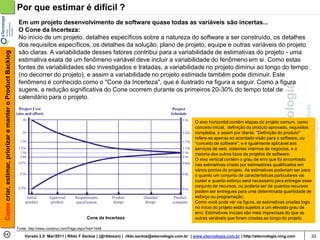 Por que estimar é difícil ?
                                                            Em um projeto desenvolvimento de software quase todas as variáveis são incertas...
                                                            O Cone da Incerteza:
                                                            No início de um projeto, detalhes específicos sobre a natureza do software a ser construído, os detalhes
                                                            dos requisitos específicos, os detalhes da solução, plano de projeto, equipe e outras variáveis do projeto
                                                            são claras. A variabilidade desses fatores contribui para a variabilidade de estimativas do projeto - uma
Como criar, estimar, priorizar e manter o Product Backlog




                                                            estimativa exata de um fenômeno variável deve incluir a variabilidade do fenômeno em si. Como estas
                                                            fontes de variabilidades são investigados e tratadas, a variabilidade no projeto diminui ao longo do tempo
                                                            (no decorrer do projeto), e assim a variabilidade no projeto estimada também pode diminuir. Este
                                                            fenômeno é conhecido como o "Cone da Incerteza", que é ilustrado na figura a seguir. Como a figura
                                                            sugere, a redução significativa do Cone ocorrem durante os primeiros 20-30% do tempo total de
                                                            calendário para o projeto.


                                                                                                                                                       O eixo horizontal contém etapas do projeto comum, como
                                                                                                                                                       conceito inicial, definição do produto aprovado, requisitos
                                                                                                                                                       completos, e assim por diante. "Definição do produto"
                                                                                                                                                       refere-se apenas ao acordado visão para o software, ou
                                                                                                                                                       "conceito de software", e é igualmente aplicável aos
                                                                                                                                                       serviços de web, sistemas internos de negócios, e a
                                                                                                                                                       maioria dos outros tipos de projetos de software.
                                                                                                                                                       O eixo vertical contém o grau de erro que foi encontrado
                                                                                                                                                       nas estimativas criado por estimadores qualificados em
                                                                                                                                                       vários pontos do projeto. As estimativas poderiam ser para
                                                                                                                                                       o quanto um conjunto de características particulares vai
                                                                                                                                                       custar e quanto esforço será necessário para entregar esse
                                                                                                                                                       conjunto de recursos, ou poderia ser de quantos recursos
                                                                                                                                                       podem ser entregues para uma determinada quantidade de
                                                                                                                                                       esforço ou programação.
                                                                                                                                                       Como você pode ver na figura, as estimativas criadas logo
                                                                                                                                                       no início do projeto estão sujeitos a um elevado grau de
                                                                                                                                                       erro. Estimativas iniciais são mais imprecisas do que as
                                                                                                    Cone da Incerteza                                  outras variáveis que foram criadas ao longo do projeto.

                                                            Fonte: http://www.construx.com/Page.aspx?hid=1648

                                                                Versão 2.0 Mar/2011 | Rildo F Santos | (@rildosan) | rildo.santos@etecnologia.com.br | www.etecnologia.com.br | http://etecnologia.ning.com      33
 