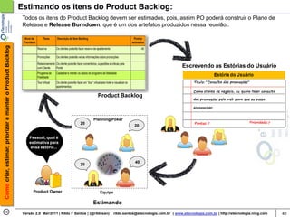 Estimando os itens do Product Backlog:
                                                             Todos os itens do Product Backlog devem ser estimados, pois, assim PO poderá construir o Plano de
                                                             Release e Release Burndown, que é um dos artefatos produzidos nessa reunião..
Como criar, estimar, priorizar e manter o Product Backlog




                                                                                                                                                       Escrevendo as Estórias do Usuário




                                                                                                       Product Backlog



                                                                                                     Planning Poker
                                                                                             20
                                                                                                                            20


                                                                Pessoal, qual é
                                                                estimativa para
                                                                 essa estória...


                                                                                                                            40
                                                                                             20




                                                                   Product Owner                        Equipe

                                                                                                     Estimando
                                                             Versão 2.0 Mar/2011 | Rildo F Santos | (@rildosan) | rildo.santos@etecnologia.com.br | www.etecnologia.com.br | http://etecnologia.ning.com   40
 