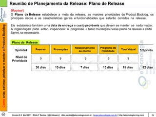 Reunião de Planejamento da Release: Plano de Release
                                                            {Review}
                                                            O Plano da Release estabelece a meta da release, as maiores prioridades do Product Backlog, os
                                                            principais riscos e as características gerais e funcionalidades que estarão contidas na release.

                                                            Ele estabelece também uma data de entrega e custo prováveis que devem se manter se nada mudar.
Como criar, estimar, priorizar e manter o Product Backlog




                                                            A organização pode então inspecionar o progresso e fazer mudanças nesse plano da release a cada
                                                            Sprint, se necessário.


                                                             Plano de Release
                                                                                                                               Relacionamento            Programa de
                                                                Sprints#             Reserva            Promoções                                                               Tour Virtual       5 Sprints
                                                                                                                                  ao cliente              Fidelidade

                                                               Nível de
                                                                                          ?                    ?                         ?                       ?                    ?
                                                             Prioridade

                                                                                     30 dias              15 dias                    7 dias                 15 dias              15 dias              82 dias




                                                             Versão 2.0 Mar/2011 | Rildo F Santos | (@rildosan) | rildo.santos@etecnologia.com.br | www.etecnologia.com.br | http://etecnologia.ning.com    54
 