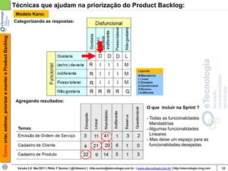 Técnicas que ajudam na priorização do Product Backlog:
                                                             Modelo Kano:
                                                            Categorizando as respostas:
Como criar, estimar, priorizar e manter o Product Backlog




                                                             Agregando resultados:
                                                                                                                                                          O que incluir na Sprint ?

                                                                                                                                                          - Todas as funcionalidades
                                                                                                                                                            Mandatórias
                                                                                                                                                          - Algumas funcionalidades
                                                                                                                                                            Lineares
                                                                                                                                                          - Mas deixe um espaço para as
                                                                                                                                                            funcionalidades desejadas




                                                             Versão 2.0 Mar/2011 | Rildo F Santos | (@rildosan) | rildo.santos@etecnologia.com.br | www.etecnologia.com.br | http://etecnologia.ning.com   58
 