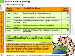 Review: Product Backlog:
                                                            Visão do Product Backlog:
Como criar, estimar, priorizar e manter o Product Backlog




                                                                  Alta


                                                                Médio


                                                                Médio


                                                                Baixo


                                                                Baixo




                                                                O Product Backlog é dinâmico, no sentido de que ele está
                                                                constantemente mudando para identificar o que o produto
                                                                necessita.

                                                              O Product Backlog, inicialmente é uma lista que representa tudo que
                                                              é necessário para desenvolver e lançar um produto. A lista deve
                                                              conter todas as características, funções, tecnologias, melhorias e
                                                              correções de defeitos que constituem as mudanças que serão
                                                              efetuadas no produto para futuras releases .

                                                             Versão 2.0 Mar/2011 | Rildo F Santos | (@rildosan) | rildo.santos@etecnologia.com.br | www.etecnologia.com.br | http://etecnologia.ning.com   69
 