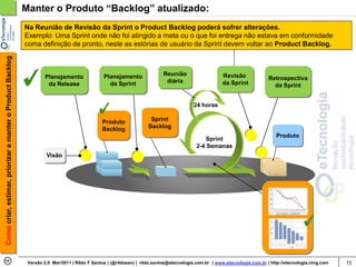 Manter o Produto “Backlog” atualizado:
                                                            Na Reunião de Revisão da Sprint o Product Backlog poderá sofrer alterações.
                                                            Exemplo: Uma Sprint onde não foi atingido a meta ou o que foi entrega não estava em conformidade
                                                            coma definição de pronto, neste as estórias de usuário da Sprint devem voltar ao Product Backlog.
Como criar, estimar, priorizar e manter o Product Backlog




                                                                     Planejamento               Planejamento               Reunião                     Revisão
                                                                                                                            diária                                          Retrospectiva
                                                                      da Release                  da Sprint                                            da Sprint              da Sprint


                                                                                                                                         24 horas

                                                                                               Produto               Sprint
                                                                                               Backlog              Backlog
                                                                                                                                                                               Produto
                                                                                                                                              Sprint
                                                                                                                                          2-4 Semanas
                                                                     Visão




                                                             Versão 2.0 Mar/2011 | Rildo F Santos | (@rildosan) | rildo.santos@etecnologia.com.br | www.etecnologia.com.br | http://etecnologia.ning.com   72
 