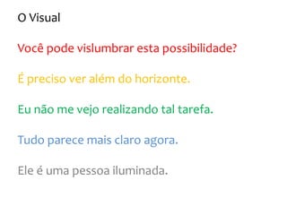 O Visual
Você pode vislumbrar esta possibilidade?
É preciso ver além do horizonte.
Eu não me vejo realizando tal tarefa.
Tudo parece mais claro agora.
Ele é uma pessoa iluminada.
 