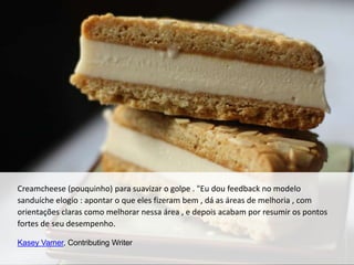 Creamcheese (pouquinho) para suavizar o golpe . "Eu dou feedback no modelo
sanduíche elogio : apontar o que eles fizeram bem , dá as áreas de melhoria , com
orientações claras como melhorar nessa área , e depois acabam por resumir os pontos
fortes de seu desempenho.
Kasey Varner, Contributing Writer
 