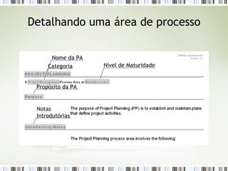 Detalhando uma área de processo Nome da PA Categoria Nível de Maturidade Propósito da PA Notas Introdutórias 