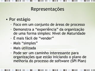 Representações Por estágio Foco em um conjunto de áreas de processo Demonstra a “experiência” da organização de uma forma simples: Nível de Maturidade É mais fácil de “vender” Mais “simples” Mais utilizada Pode ser um caminho interessante para organizações que estão iniciando o plano de melhoria do processo de software (SPI Plan) 