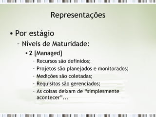 Representações Por estágio Níveis de Maturidade: 2  [Managed] Recursos são definidos; Projetos são planejados e monitorados; Medições são coletadas; Requisitos são gerenciados; As coisas deixam de “simplesmente acontecer”... 