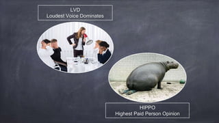 HIPPO
LVD
LVD
Loudest Voice Dominates
HIPPO
Highest Paid Person Opinion
 