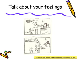 Talk about your feelings
Picture from “How to talk so kids will listen and how to listen so kids will talk”
 
