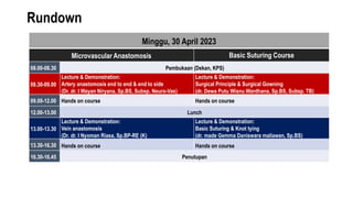 Rundown
Minggu, 30 April 2023
Microvascular Anastomosis Basic Suturing Course
08.00-08.30 Pembukaan (Dekan, KPS)
08.30-09.00
Lecture & Demonstration:
Artery anastomosis end to end & end to side
(Dr. dr. I Wayan Niryana, Sp.BS, Subsp. Neuro-Vas)
Lecture & Demonstration:
Surgical Principle & Surgical Gowning
(dr. Dewa Putu Wisnu Wardhana, Sp.BS, Subsp. TB)
09.00-12.00 Hands on course Hands on course
12.00-13.00 Lunch
13.00-13.30
Lecture & Demonstration:
Vein anastomosis
(Dr. dr. I Nyoman Riasa, Sp.BP-RE (K)
Lecture & Demonstration:
Basic Suturing & Knot tying
(dr. made Gemma Daniswara maliawan, Sp.BS)
13.30-16.30 Hands on course Hands on course
16.30-16.45 Penutupan
 