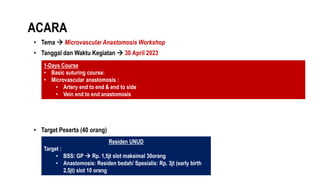 ACARA
• Tema  Microvascular Anastomosis Workshop
• Tanggal dan Waktu Kegiatan  30 April 2023
1-Days Course
• Basic suturing course:
• Microvascular anastomosis :
• Artery end to end & end to side
• Vein end to end anastomosis
• Target Peserta (40 orang)
Residen UNUD
Target :
• BSS: GP  Rp. 1,5jt slot maksimal 30orang
• Anastomosis: Residen bedah/ Spesialis: Rp. 3jt (early birth
2,5jt) slot 10 orang
 
