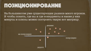 На большинстве уже существующих рынков много игроков.
И чтобы понять, где вы и где конкуренты и какие у них
минусы и плюсы можно построить такую вот матрицу.
позиционирование
дешево
дорого
популярно
не популярно
 