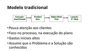 Modelo tradicional
•Pouca atenção aos clientes
•Foco no processo, na execução do plano
•Gastos iniciais altos
•Assume que o Problema e a Solução são
conhecidos
 