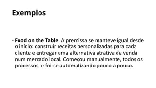 Exemplos
- Food on the Table: A premissa se manteve igual desde
o início: construir receitas personalizadas para cada
cliente e entregar uma alternativa atrativa de venda
num mercado local. Começou manualmente, todos os
processos, e foi-se automatizando pouco a pouco.
 