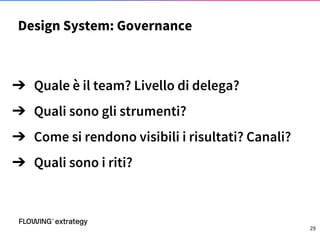 29
Design System: Governance
➔ Quale è il team? Livello di delega?
➔ Quali sono gli strumenti?
➔ Come si rendono visibili i risultati? Canali?
➔ Quali sono i riti?
 