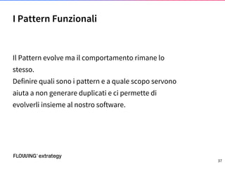 Il Pattern evolve ma il comportamento rimane lo
stesso.
Definire quali sono i pattern e a quale scopo servono
aiuta a non generare duplicati e ci permette di
evolverli insieme al nostro software.
I Pattern Funzionali
37
 