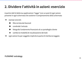 2. Dividere l’attività in azioni: esercizio
A partire dall UI della tua applicazione “tagga” (con un post it) ogni azione
presente in ogni schermata che sostiene il comportamento della schermata
➔ esempi concreti:
◆ filtra la lista dei fascicoli
◆ condivide l’articolo
◆ fotografa l’andamento finanziario di un portafoglio cliente
◆ cambia la modalità di visualizzazione dei look
➔ ogni azione ha per soggetto implicito la parte di interfaccia taggata
45
 