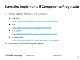 Esercizio: Implementa il Componente Progettato
➔ Utilizza il repository del tuo scenario di applicazione:
◆ ius maior:
https://github.com/adellava/ius-maior-design-system-sketch
◆ day:
https://github.com/Violo/day-design-system-sketch
◆ banca soldo
https://github.com/Violo/bancasoldo-design-system-sketch
◆ modatrendy42
https://github.com/Violo/modatrendy42-design-system-sketch
➔ Fare una fork, clonare il repo, seguire il readme
Template slide 4:3 Tipografia e colori
68
 