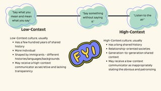 High-Context
Low-Context
“Say what you
mean and mean
what you say”
“Listen to the
air”
Low-Context culture, usually
Has a few hundred years of shared
history
More individual
Shaped by immigrants - different
histories/languages/backgrounds
May receive a high-context
communicator as secretive and lacking
transparency
High-Context culture, usually
Has a long shared history
Relationship-oriented societies
Generation-to-generation shared
context
May receive a low-context
communicator as inappropriately
stating the obvious and patronizing
“Say something
without saying
it”
 