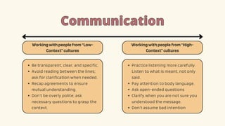 Communication
Communication
Workingwithpeoplefrom“Low-
Context”cultures
Workingwithpeoplefrom“High-
Context”cultures
Be transparent, clear, and specific.
Avoid reading between the lines;
ask for clarification when needed.
Recap agreements to ensure
mutual understanding.
Don’t be overly polite; ask
necessary questions to grasp the
context.
Practice listening more carefully.
Listen to what is meant, not only
said.
Pay attention to body language.
Ask open-ended questions
Clarify when you are not sure you
understood the message.
Don’t assume bad intention
 