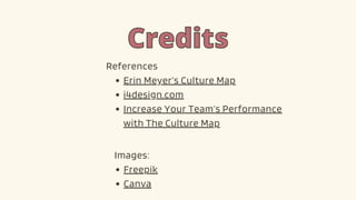 Credits
Credits
References
Erin Meyer’s Culture Map
i4design.com
Increase Your Team’s Performance
with The Culture Map
Images:
Freepik
Canva
 