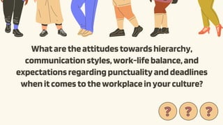 Whataretheattitudestowardshierarchy,
communicationstyles,work-lifebalance,and
expectationsregardingpunctualityanddeadlines
whenitcomestotheworkplaceinyourculture?
?
? ?
? ?
?
 