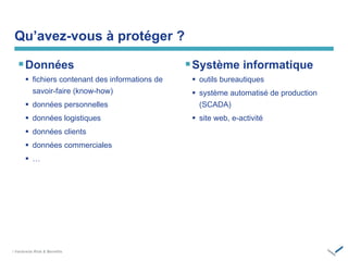/ ‫‏‬
Données
 fichiers contenant des informations de
savoir-faire (know-how)
 données personnelles
 données logistiques
 données clients
 données commerciales
 …
Système informatique
 outils bureautiques
 système automatisé de production
(SCADA)
 site web, e-activité
Qu’avez-vous à protéger ?
 
