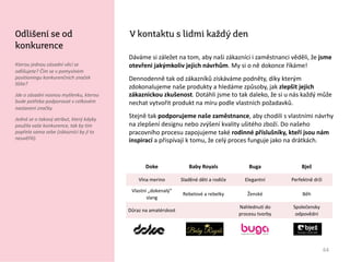 Kterou jednou zásadní věcí se
odlišujete? Čím se v pomyslném
positioningu konkurenčních značek
lišíte?
Jde o zásadní nosnou myšlenku, kterou
bude potřeba podporovat v celkovém
nastavení značky.
Jedná se o takový atribut, který kdyby
použila vaše konkurence, tak by tím
popřela sama sebe (zákazníci by jí to
neuvěřili).
V kontaktu s lidmi každý den
64
Dáváme si záležet na tom, aby naši zákazníci i zaměstnanci věděli, že jsme
otevřeni jakýmkoliv jejich návrhům. My si o ně dokonce říkáme!
Dennodenně tak od zákazníků získáváme podněty, díky kterým
zdokonalujeme naše produkty a hledáme způsoby, jak zlepšit jejich
zákaznickou zkušenost. Dotáhli jsme to tak daleko, že si u nás každý může
nechat vytvořit produkt na míru podle vlastních požadavků.
Stejně tak podporujeme naše zaměstnance, aby chodili s vlastními návrhy
na zlepšení designu nebo zvýšení kvality ušitého zboží. Do našeho
pracovního procesu zapojujeme také rodinné příslušníky, kteří jsou nám
inspirací a přispívají k tomu, že celý proces funguje jako na drátkách.
Odlišení se od
konkurence
Doke Baby Royals Buga Bjež
Vlna merino Sladěné děti a rodiče Elegantní Perfektně drží
Vlastní „dokenalý“
slang
Rebelové a rebelky Ženské Běh
Důraz na amatérskost
Nahlednutí do
procesu tvorby
Společensky
odpovědní
 