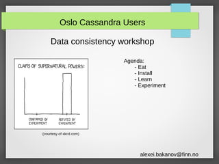Oslo Cassandra Users
Data consistency workshop
Agenda:
- Eat
- Install
- Learn
- Experiment

(courtesy of xkcd.com)

alexei.bakanov@finn.no

 