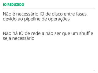 IO REDUZIDO
Não é necessário IO de disco entre fases,
devido ao pipeline de operações
Não há IO de rede a não ser que um shuﬄe
seja necessário
97
 