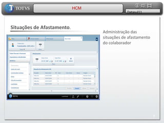  Informações de férias e cadastro, por exemplo, ficam disponíveis para serem consultadas pelos colaboradores a qualquer momento, facilitando a difusão de informações.Funcionário HCM