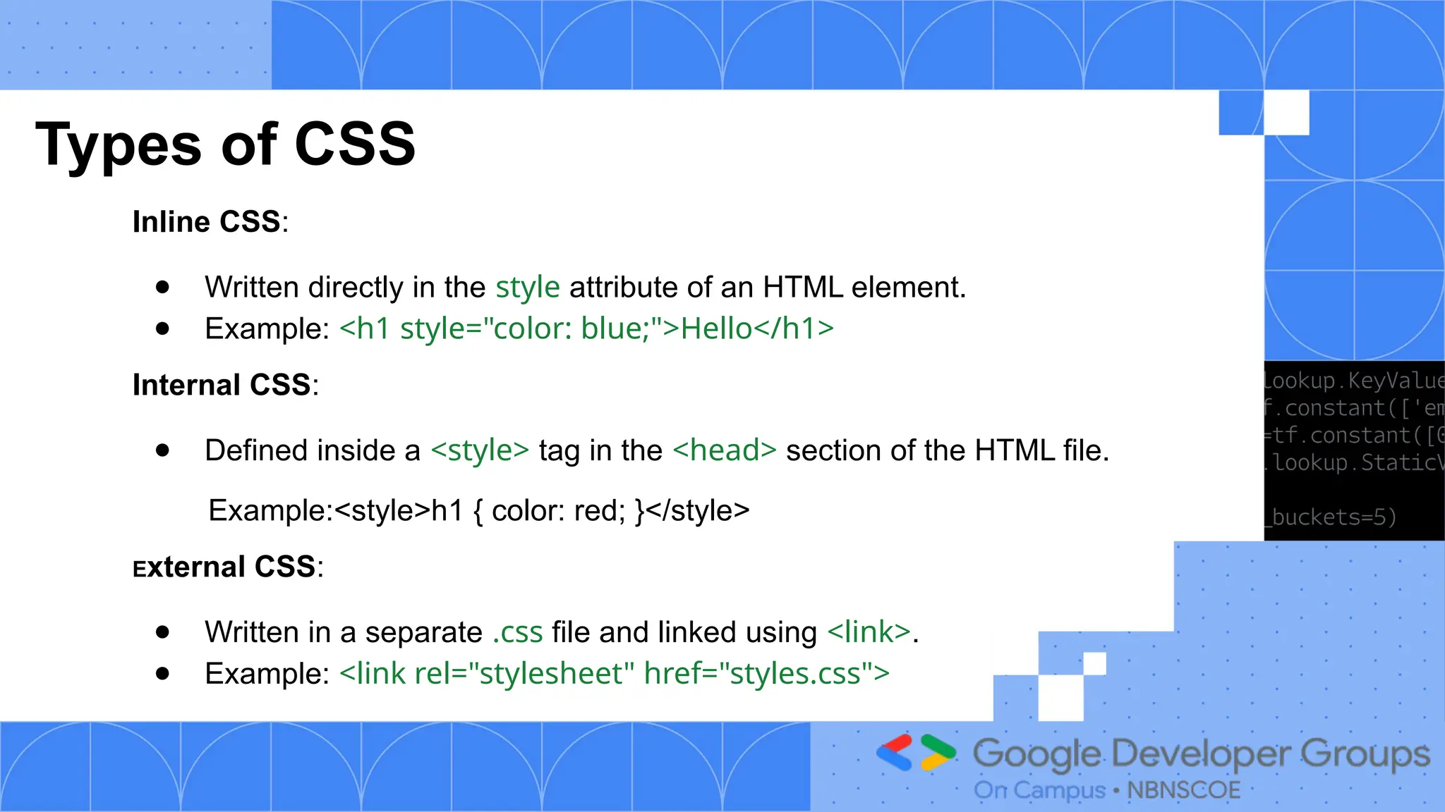 Types of CSS
Inline CSS:
● Written directly in the style attribute of an HTML element.
● Example: <h1 style="color: blue;">Hello</h1>
Internal CSS:
● Defined inside a <style> tag in the <head> section of the HTML file.
Example:<style>h1 { color: red; }</style>
External CSS:
● Written in a separate .css file and linked using <link>.
● Example: <link rel="stylesheet" href="styles.css">
 