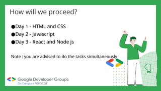 How will we proceed?
●Day 1 - HTML and CSS
●Day 2 - Javascript
●Day 3 - React and Node js
Note : you are advised to do the tasks simultaneously
 