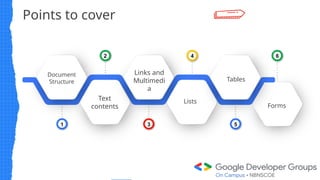 Points to cover
Document
Structure
Links and
Multimedi
a
Lists
Tables
1
2
3
4
5
6
Text
contents Forms
 