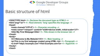 Basic structure of html
<!DOCTYPE html> <!-- Declares the document type as HTML5 -->
<html lang="en"> <!-- Root element; 'lang' specifies the language -->
<head>
<meta charset="UTF-8"> <!-- Character encoding -->
<meta name="viewport" content="width=device-width, initial-scale=1.0">
<title>My First Webpage</title> <!-- Title shown in the browser tab -->
</head>
<body>
<h1>Welcome to My Website!</h1> <!-- Main heading -->
<p>This is my first webpage created using HTML.</p> <!-- Paragraph -->
<a href="https://example.com">Visit Example.com</a> <!-- Hyperlink -->
</body>
</html>
 