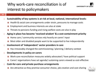 Why work-care reconciliation is of 
interest to policymakers 
 Sustainability of key systems is at risk at local, national, international levels: 
 Health & social care arrangements under strain, pressures to manage costs 
 Employment and business interests are also at stake 
 Threats to pensions funding and rising welfare costs are also in play 
 Aging in place has become ‘received wisdom’ & a cost-containment priority 
 Home care / community services rely heavily on carers’ input 
 Most older and disabled people want to be supported to live independently 
 Involvement of ‘independent’ sector providers in care 
 Has irrevocably changed the commissioning / planning / delivery context 
 Developments in policy on carers 
 Work-care reconciliation measures widely advocated / have political support 
 Carers’ organisations have set agenda/ sustaining carers viewed as cost-effective 
 Cash-for-care and private purchase arrangements 
 Are attractive as they promise consumer choice, job creation and cost-sharing 
10 
 