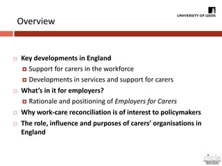 Overview 
 Key developments in England 
 Support for carers in the workforce 
 Developments in services and support for carers 
 What’s in it for employers? 
 Rationale and positioning of Employers for Carers 
 Why work-care reconciliation is of interest to policymakers 
 The role, influence and purposes of carers’ organisations in 
England 
 